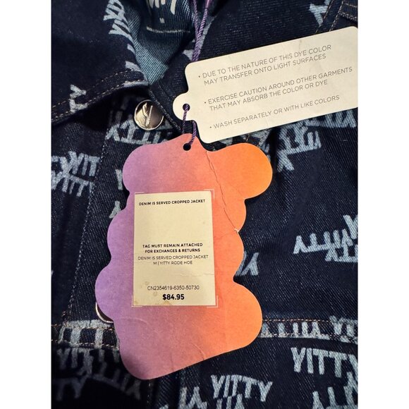 Yitty Womens Cropped Denim Jacket With Allover Logo Print & Button Front - Picture 7 of 12